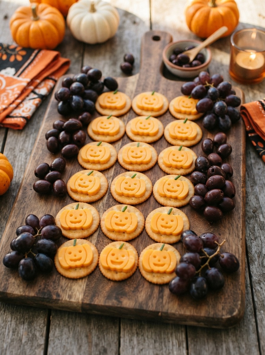 Cheese cubes cut into pumpkin shapes with pretzel stems, arranged on a platter.